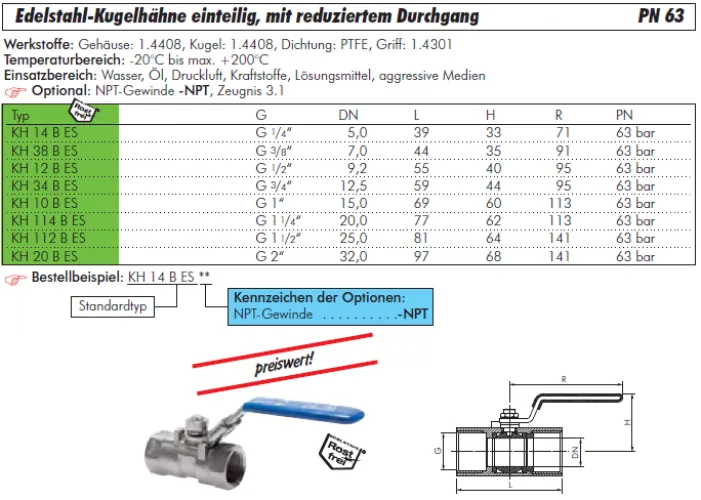 Datenblatt Edelstahl-Kugelhahn 1-teilig IG PN 63 mit reduziertem Durchgang alle Größen
